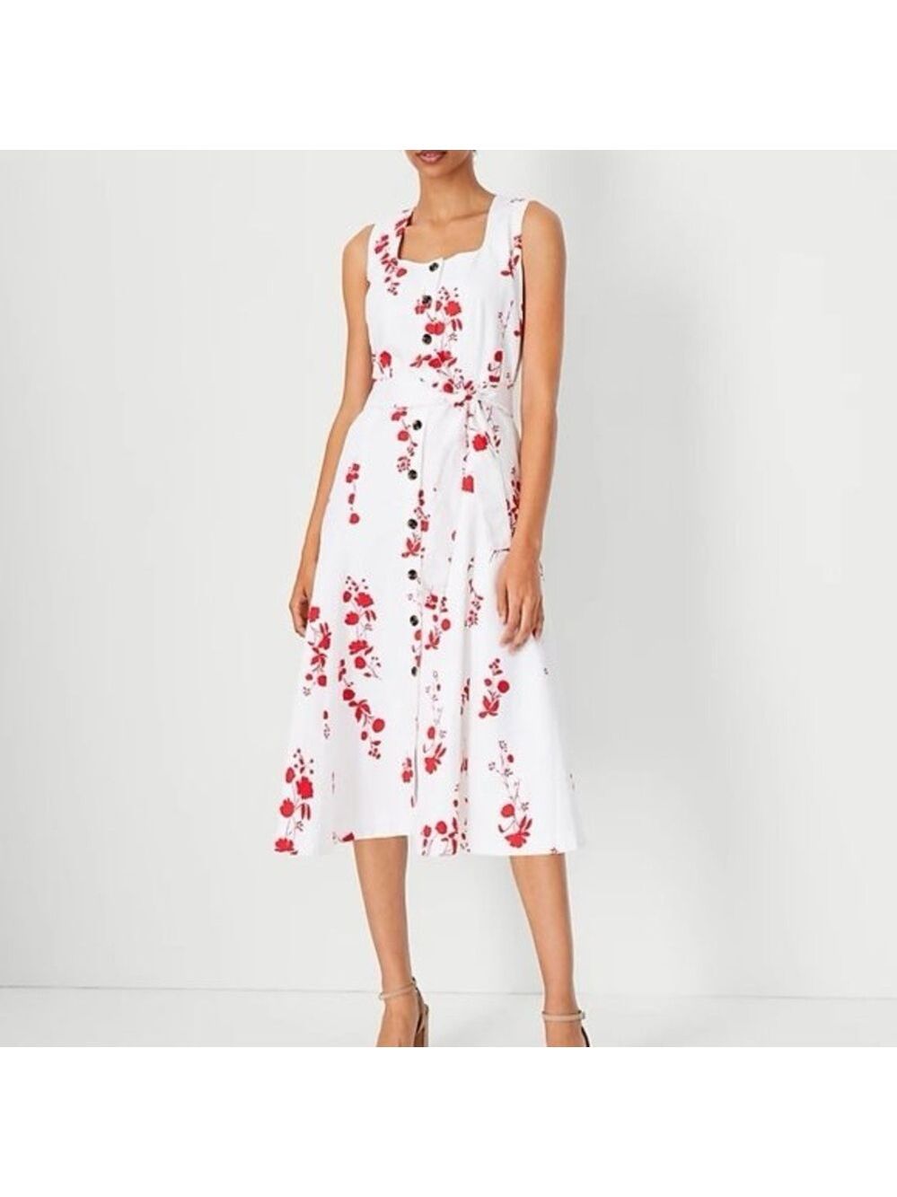 ANN TAYLOR Floral Button Flare Dress In White Size 8